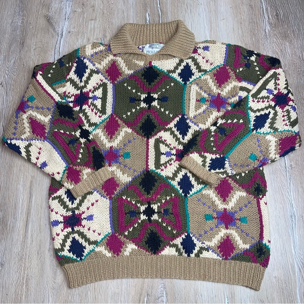 Vintage Peck & Peck Women’s Hand Knit Coogie Style Sweater Collared Shoulder Pad